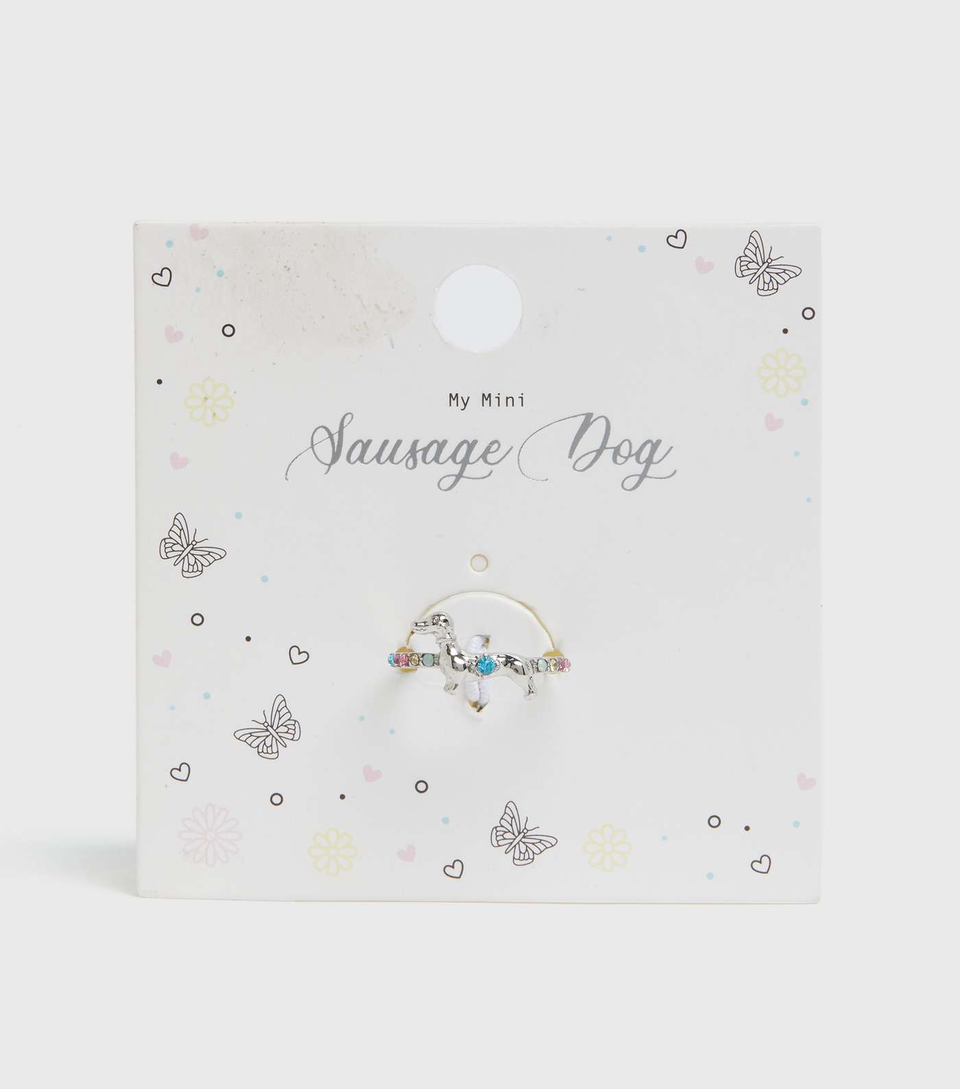 Girls Silver Diamanté Sausage Dog Ring 