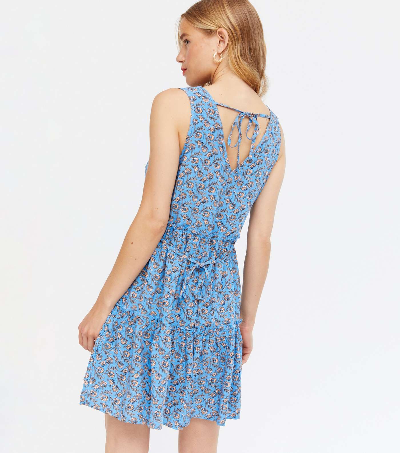 Blue Floral Tie Back Tiered Mini Dress Image 4