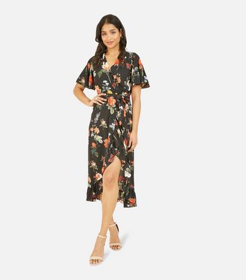 black butterfly printed wrap midi dress