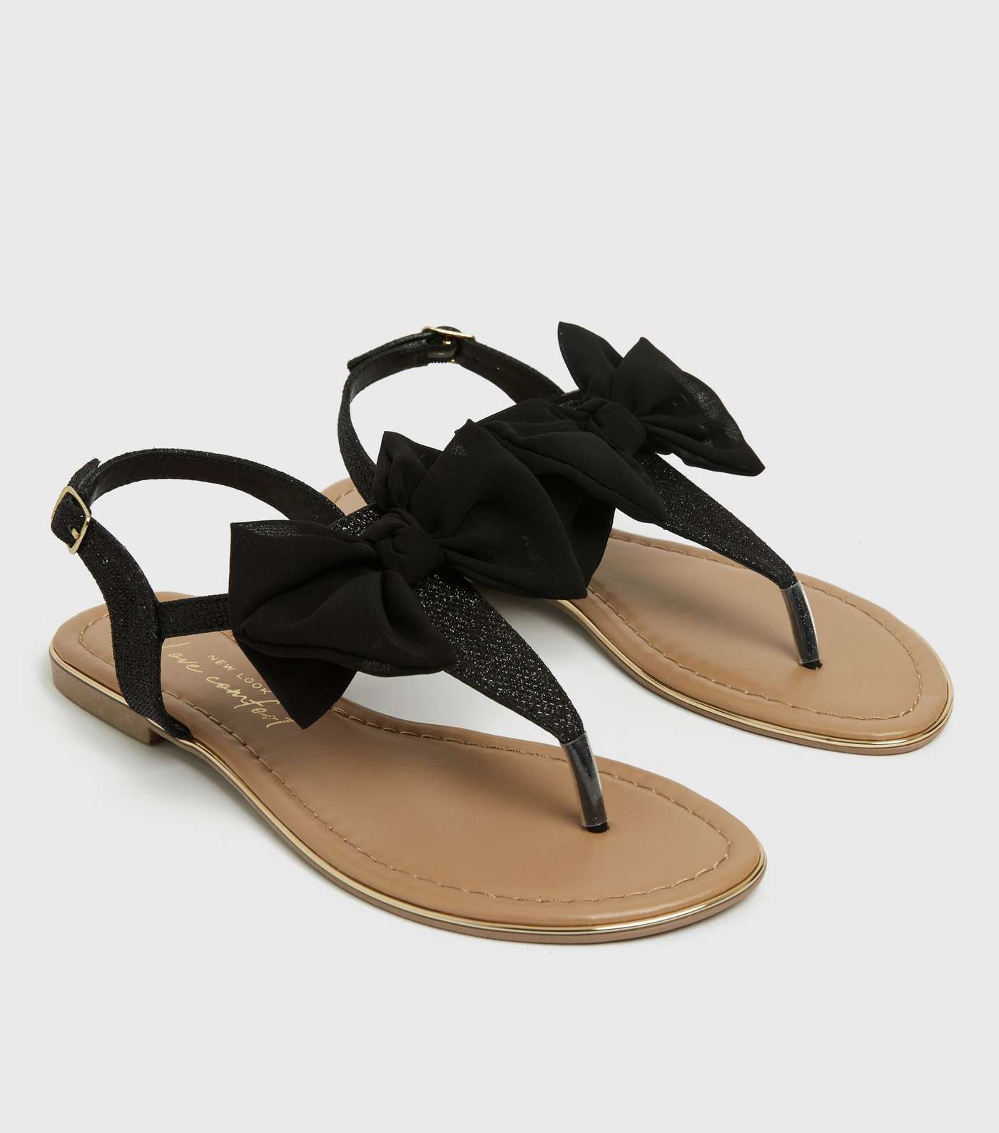Girls Black Glitter Bow Flat Sandals Image 3