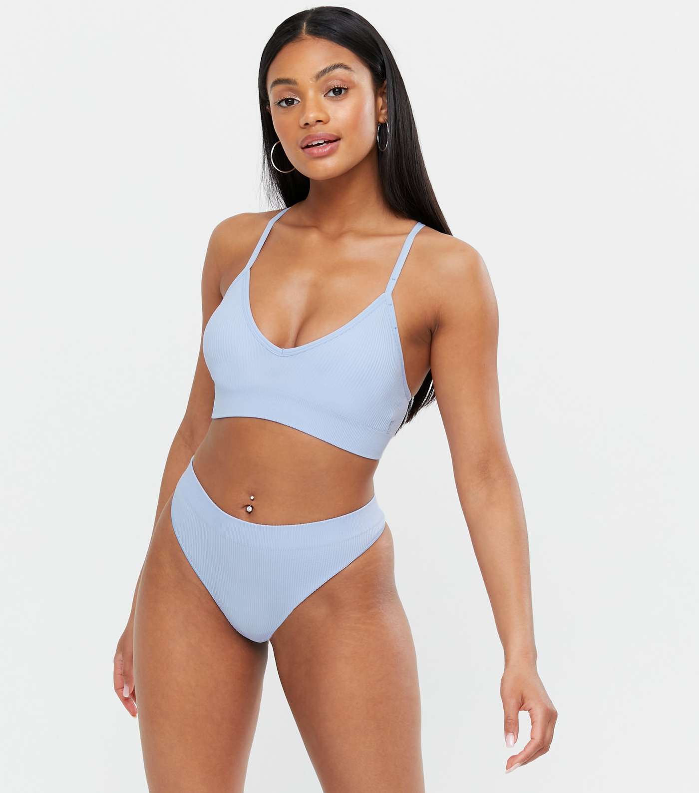 Pale Blue Ribbed Seamless Thong