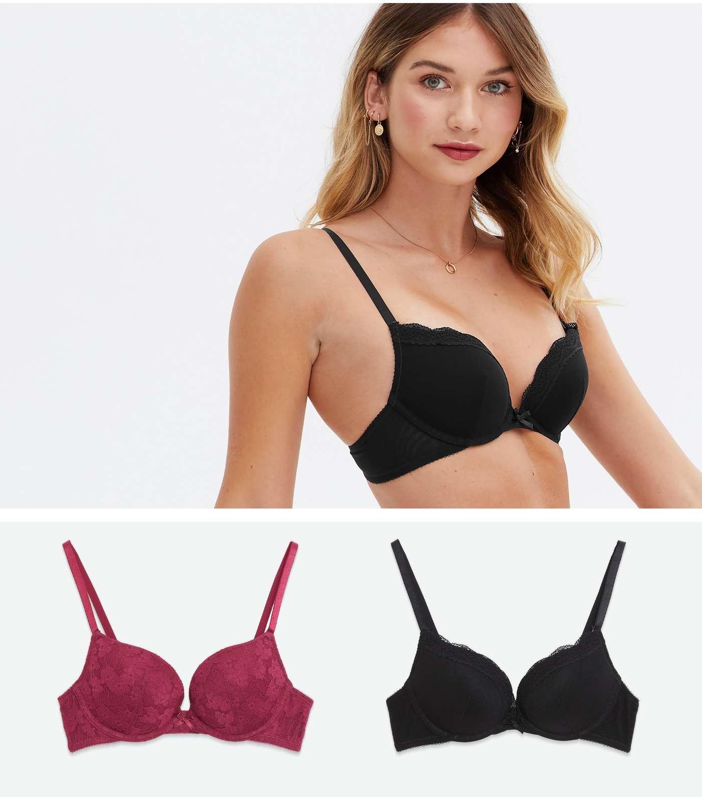 2 Pack Burgundy and Black Lace Push Up Bras
