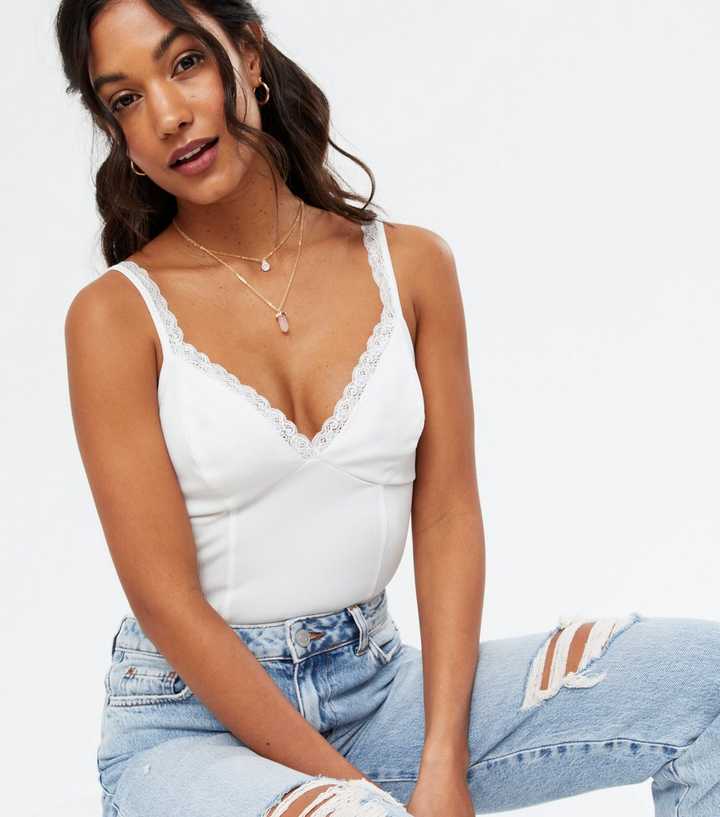 White Ribbed Lace Trim Strappy Bodysuit