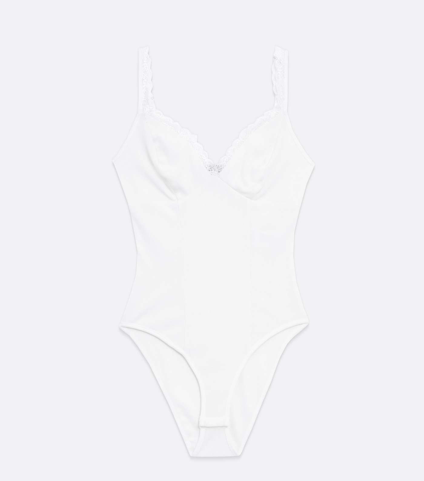 White Ribbed Lace Trim Strappy Bodysuit Image 5