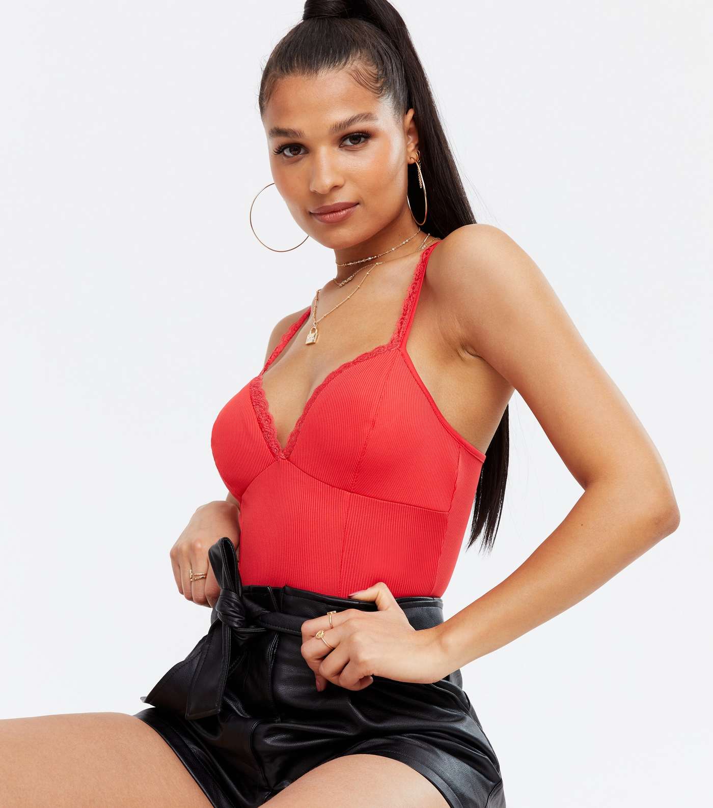 Red Ribbed Lace Trim Bodysuit