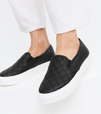 Black Quilted Slip On Trainers New Look