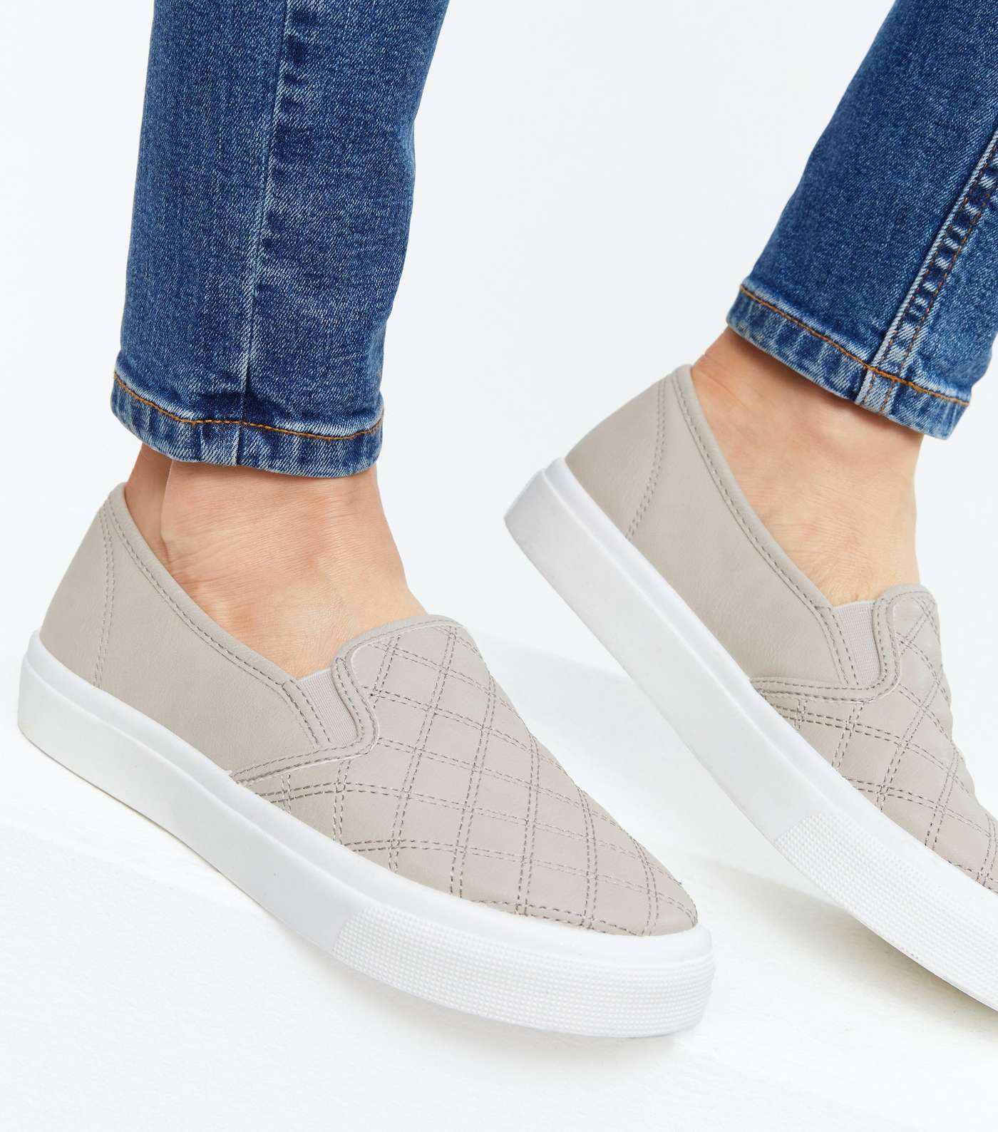 Grey Quilted Suedette Slip On Trainers Image 2