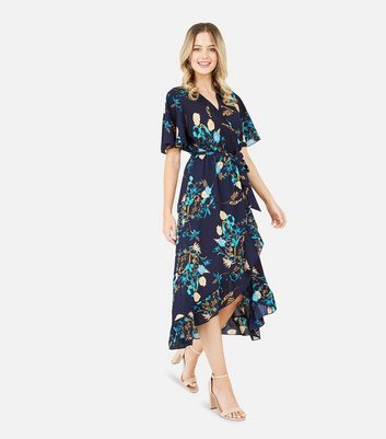 navy floral wrap midi dress