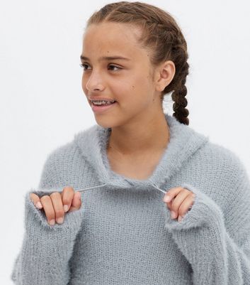 Girls Pale Grey Fluffy Ribbed Knit Hoodie