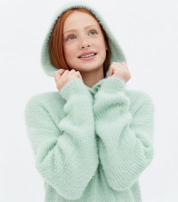 Girls Light Green Fluffy Ribbed Knit Hoodie New Look