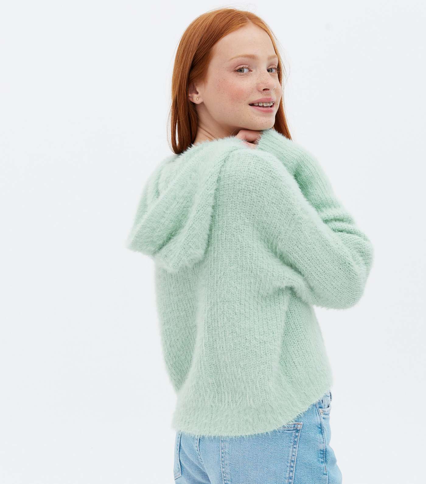 Girls Light Green Fluffy Ribbed Knit Hoodie Image 4