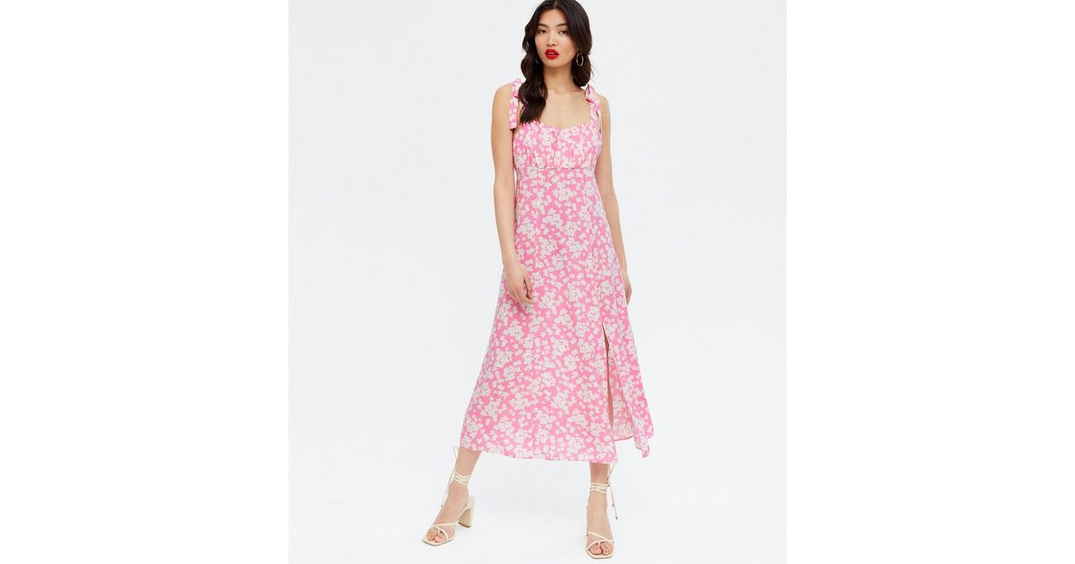 Pink Floral Ruched Tie Strap Midi Dress | New Look