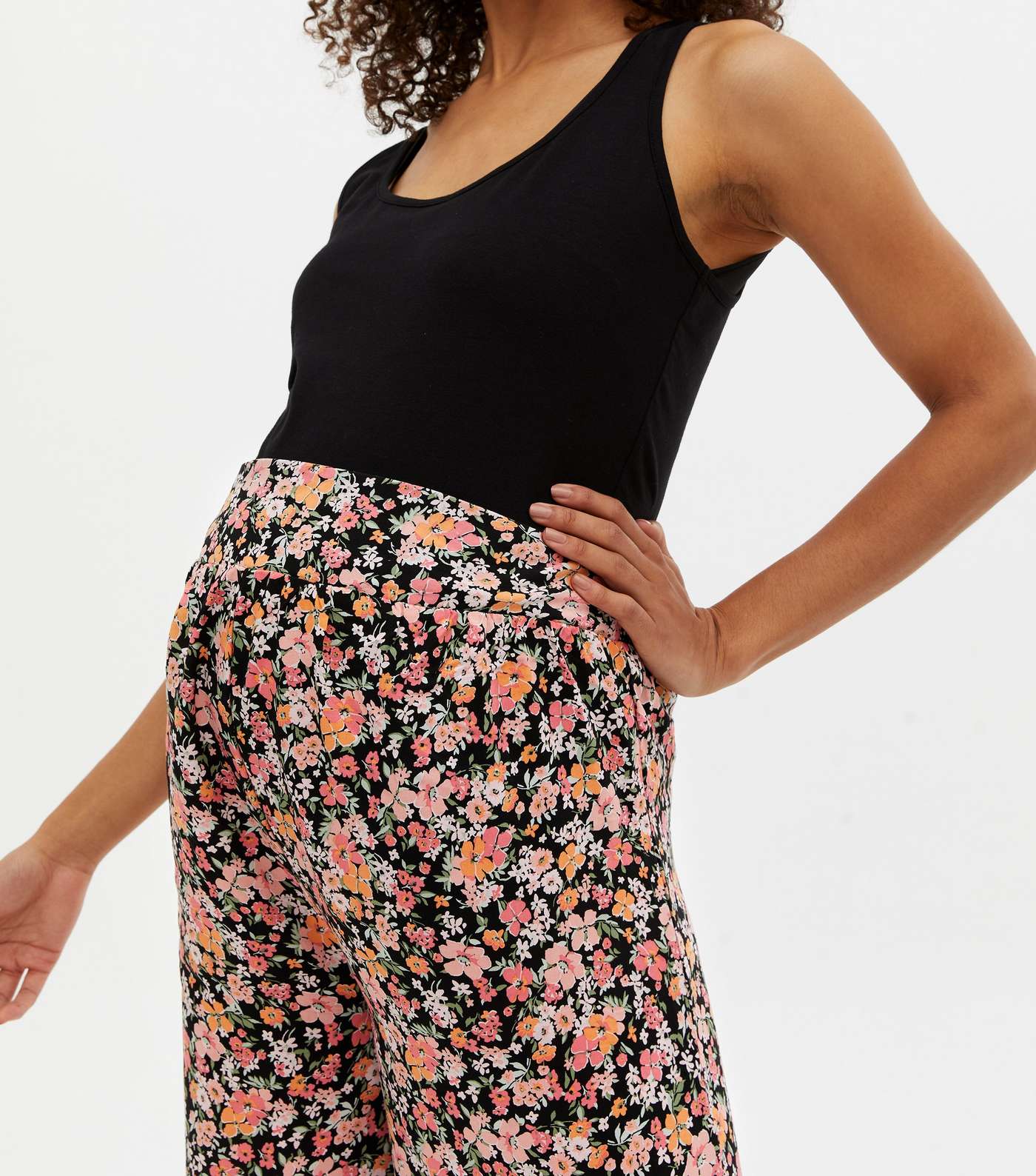 Maternity Black Floral Wide Leg Trousers Image 3
