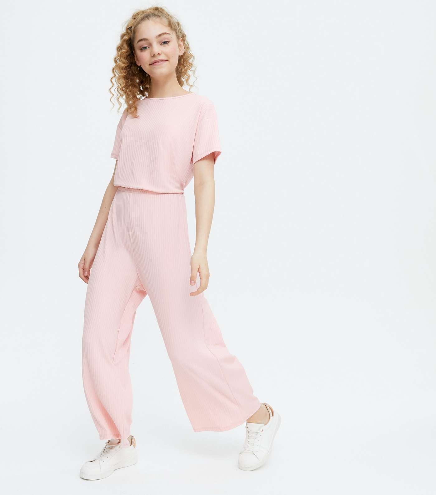 Girls Pale Pink Ribbed Jersey Jumpsuit Image 2