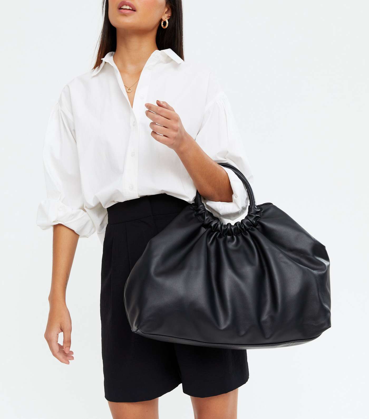 Black Leather-Look Circle Grab Handle Tote Bag Image 2