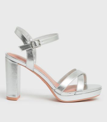 Silver Diamanté T Bar Strappy Stiletto Heel Sandals | New Look