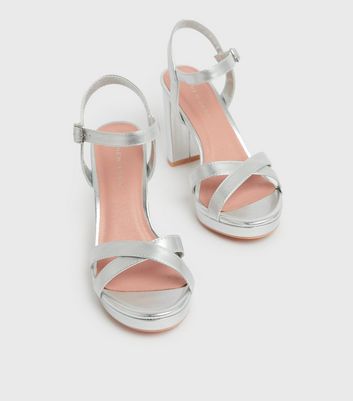 Silver strappy chunky store heels