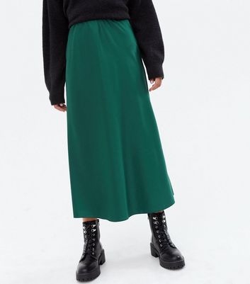 dark green satin midi skirt