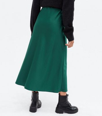dark green satin midi skirt