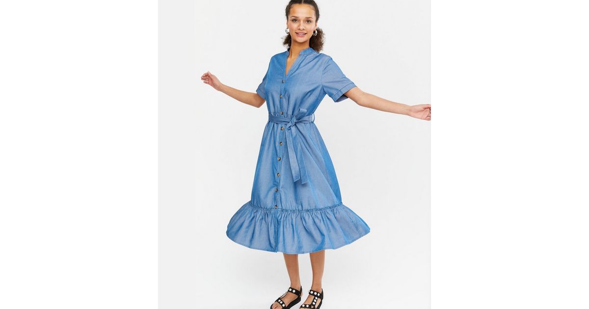 Blue Vanilla Blue Tiered Belted Midi Dress New Look