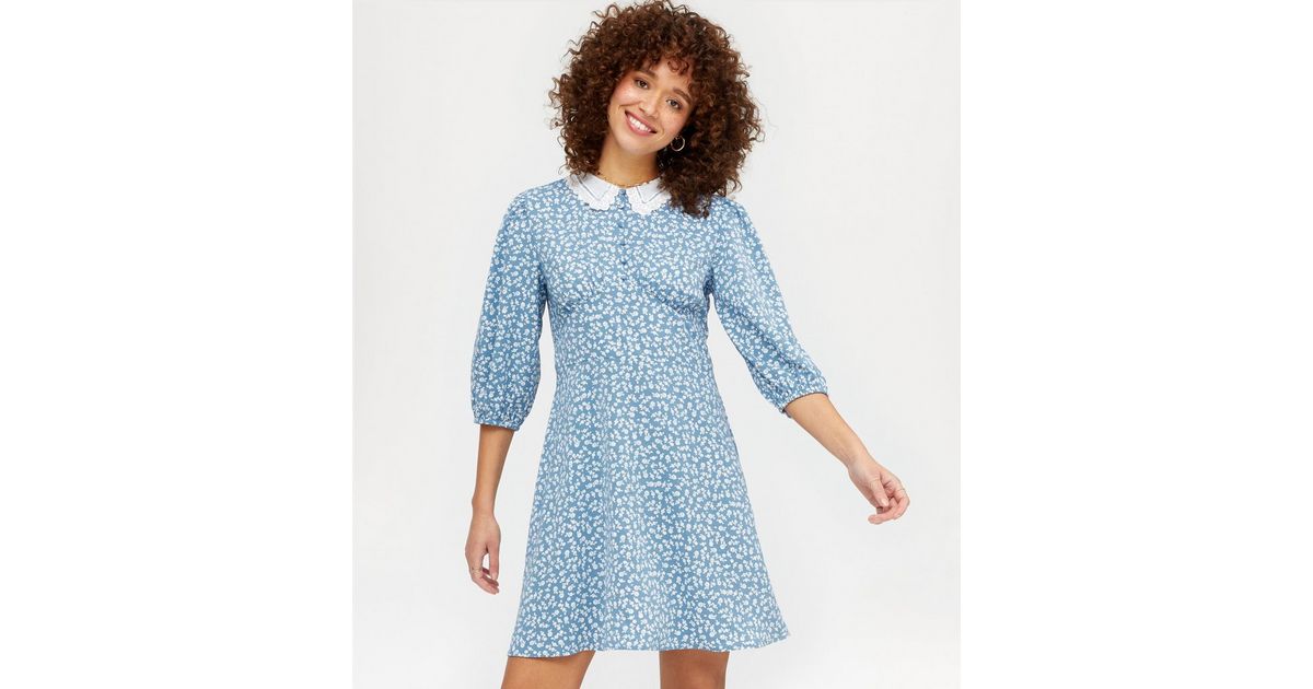 Blue Vanilla Blue Ditsy Floral Broderie Collar Tea Dress New Look