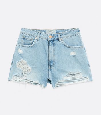 Petite Pale Blue Denim Extreme Ripped Mom Shorts New Look