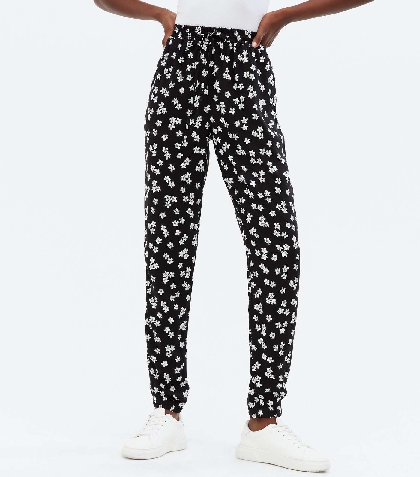 Tall Black Floral Tie Waist Joggers Image 2