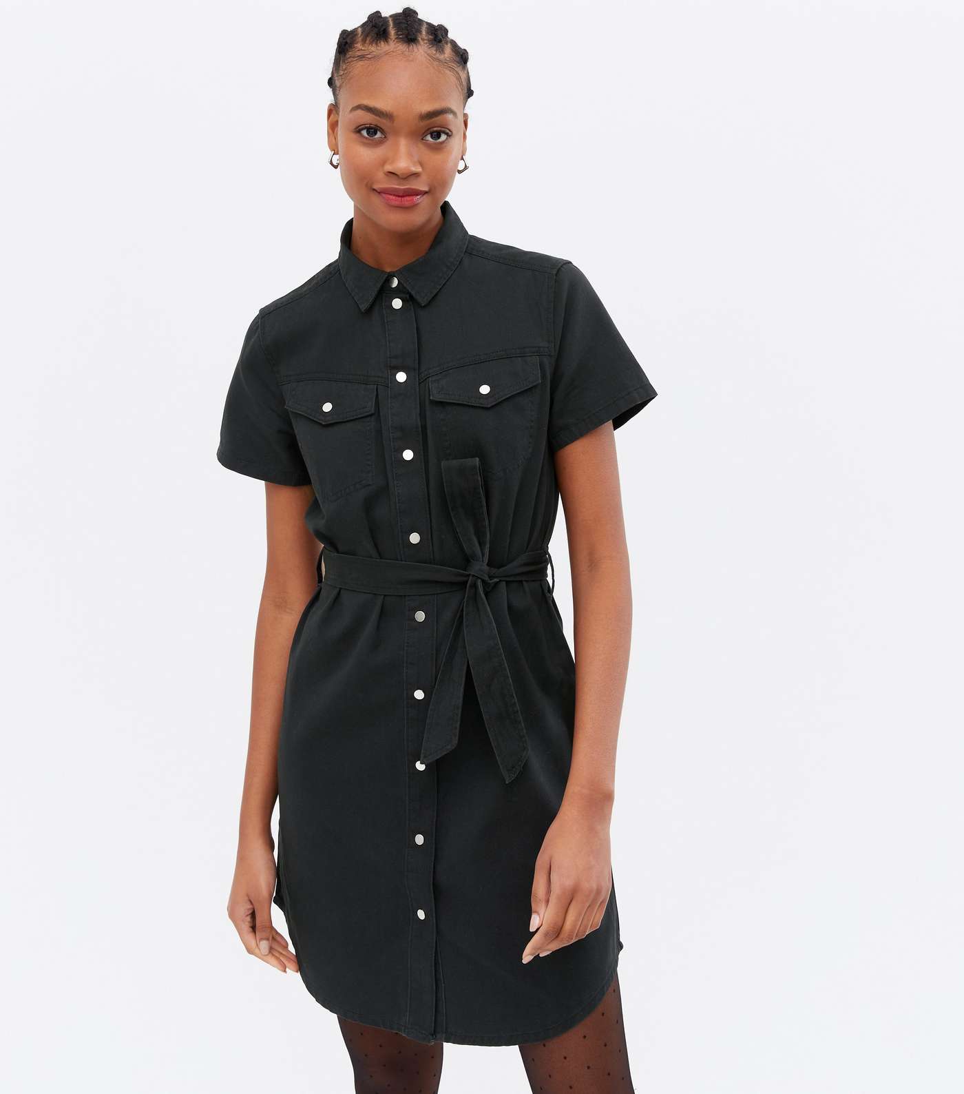 Tall Black Denim Belted Mini Shirt Dress
