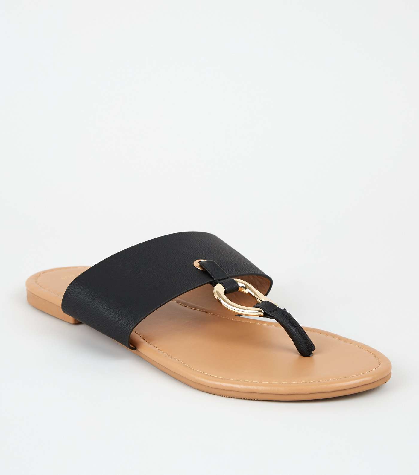 Black Leather-Look Ring Strap Flip Flops