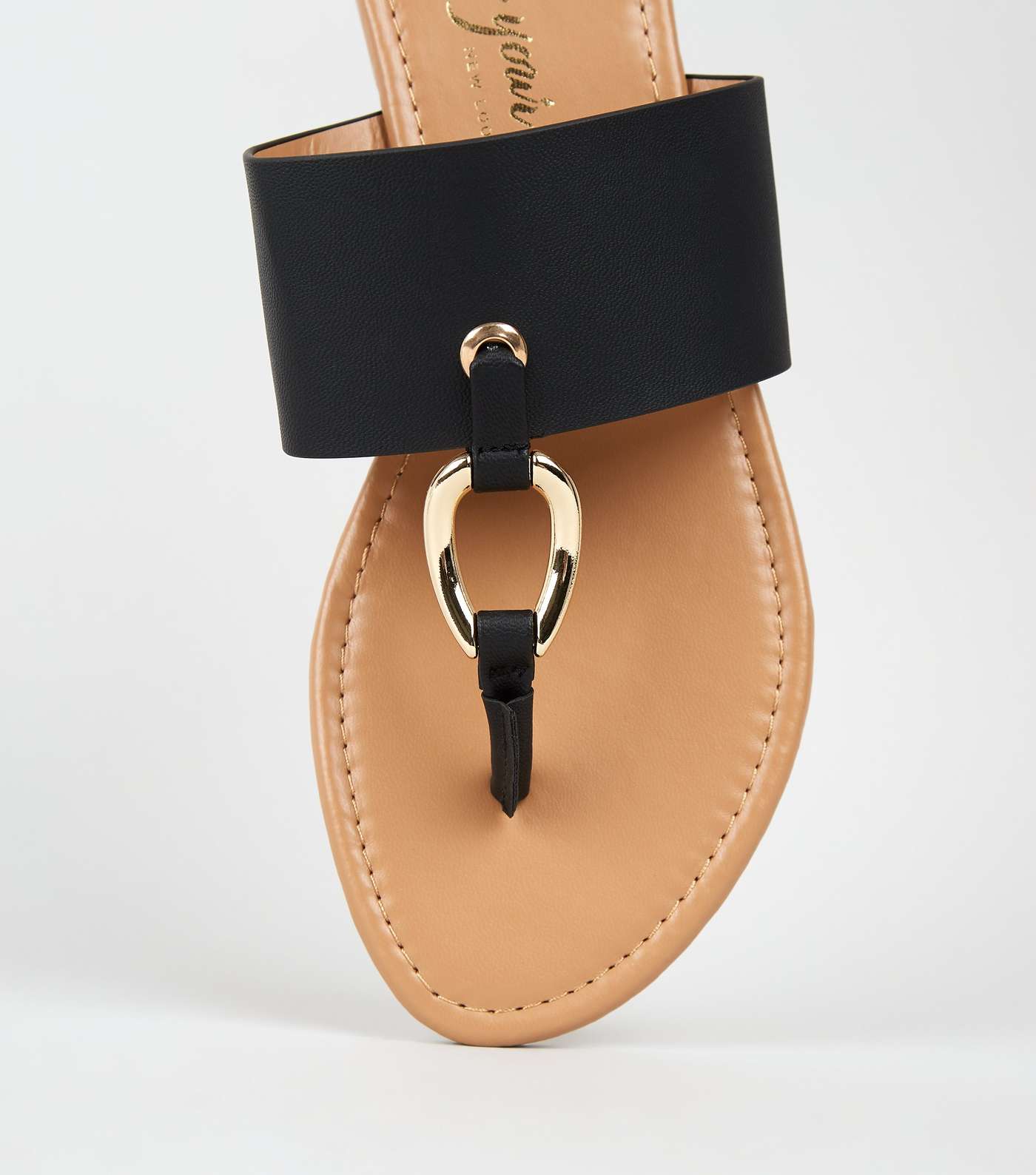 Black Leather-Look Ring Strap Flip Flops Image 3