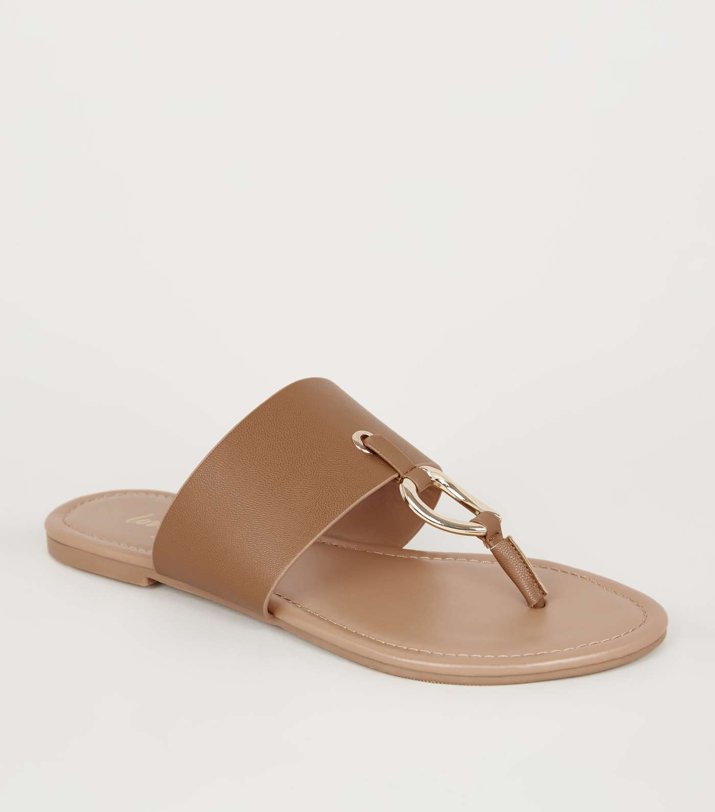 Tan Leather-Look Ring Strap Flip Flops