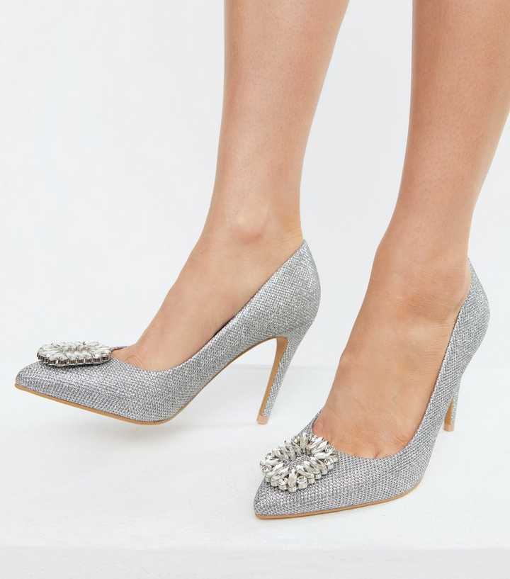Silver Gem Embellished Stiletto Heel Court Shoes | New Look