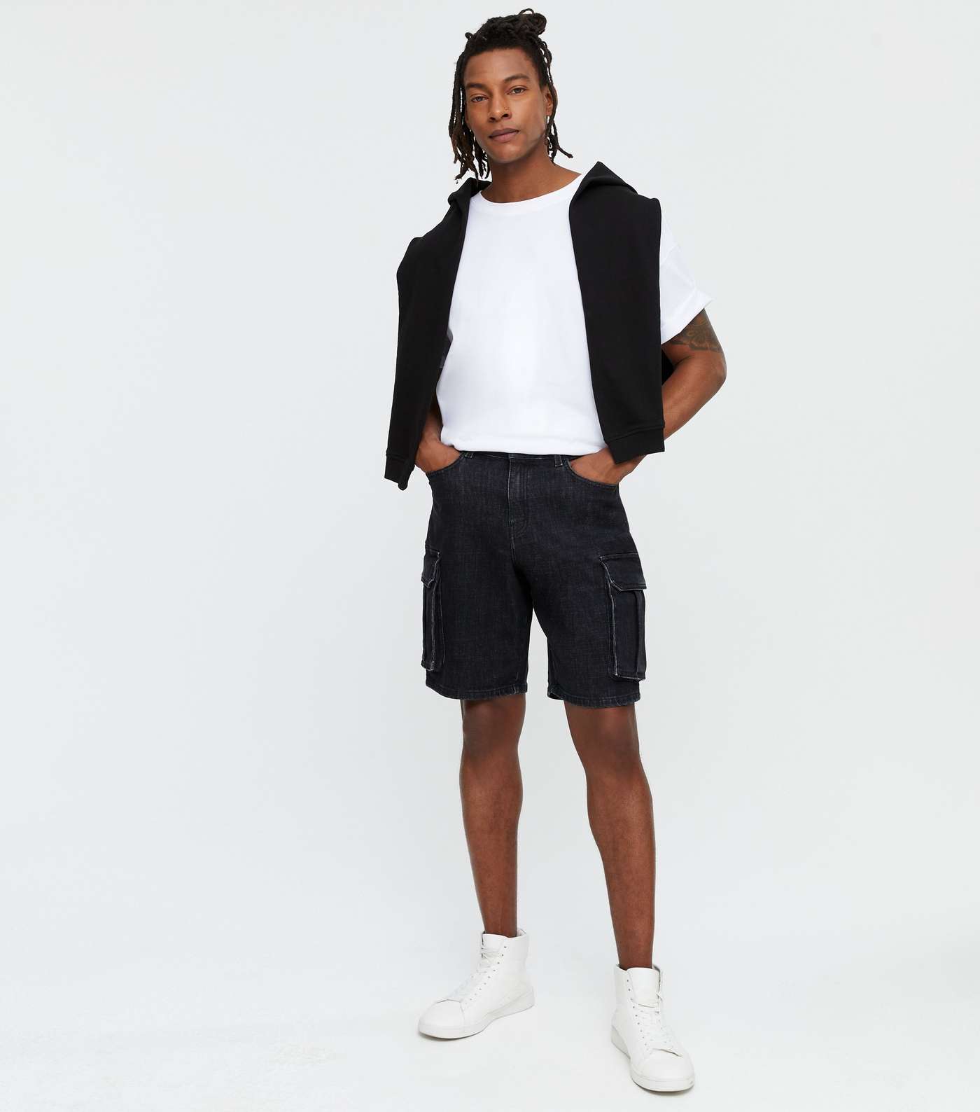 Black Denim Relaxed Fit Cargo Shorts