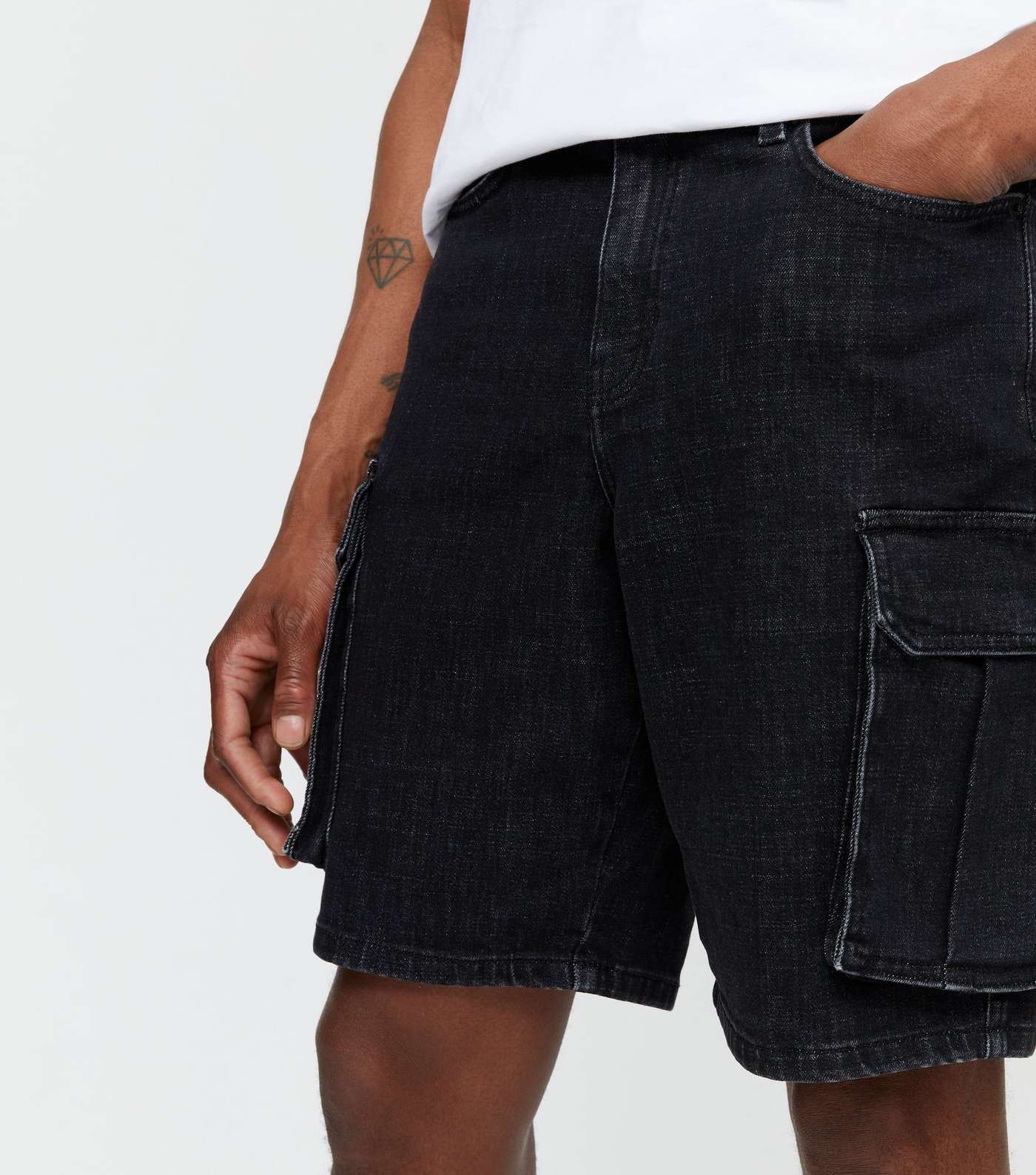 Black Denim Relaxed Fit Cargo Shorts Image 3