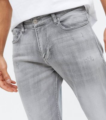 Men's Grey Ripped Crop Slim Fit Jeans New Look