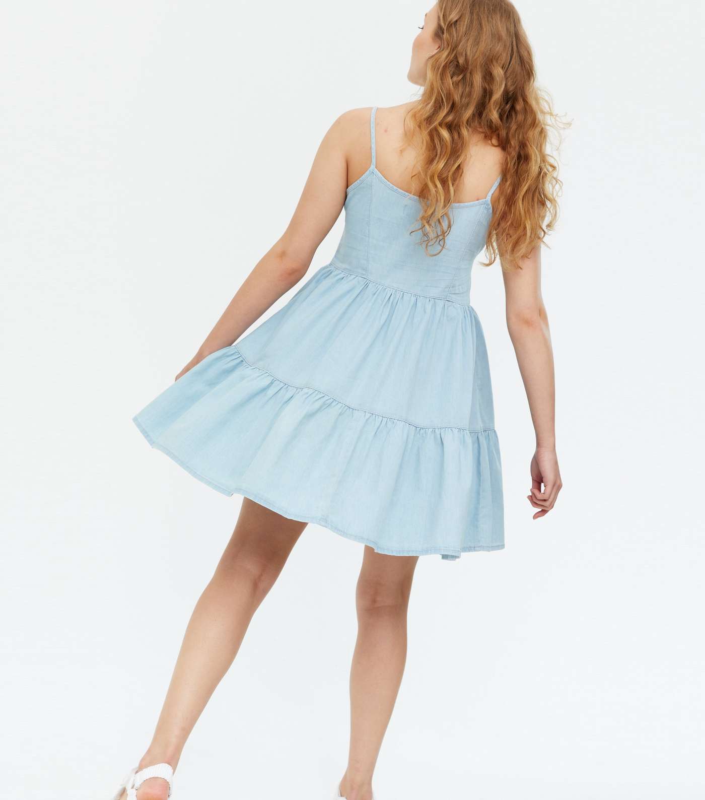 Bright Blue Denim Strappy Tiered Mini Dress Image 4