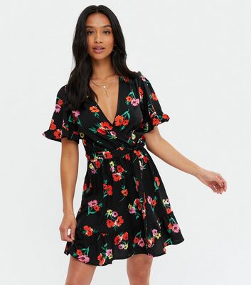 Petite Black Floral Frill Mini Wrap Dress | New Look