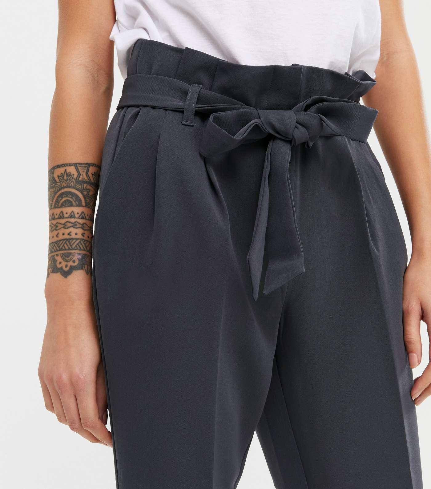 Petite Dark Grey Belted High Waist Trousers Image 4