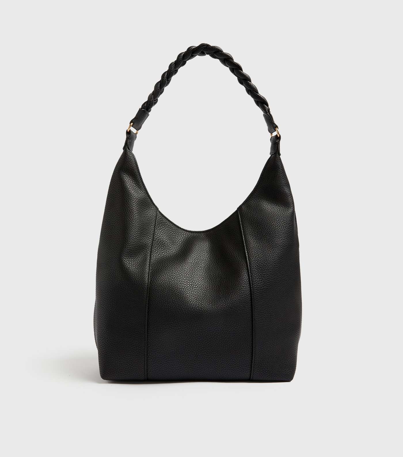 Black Leather-Look Plait Strap Scoop Tote Bag