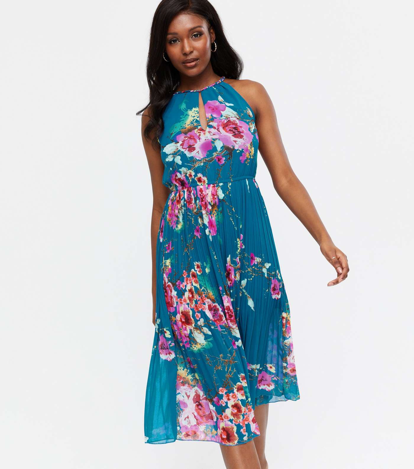 Blue Vanilla Teal Floral Pleated Midi Halter Dress Image 2