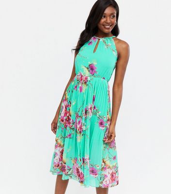 Blue Vanilla Turquoise Floral Pleated Midi Halter Dress New Look