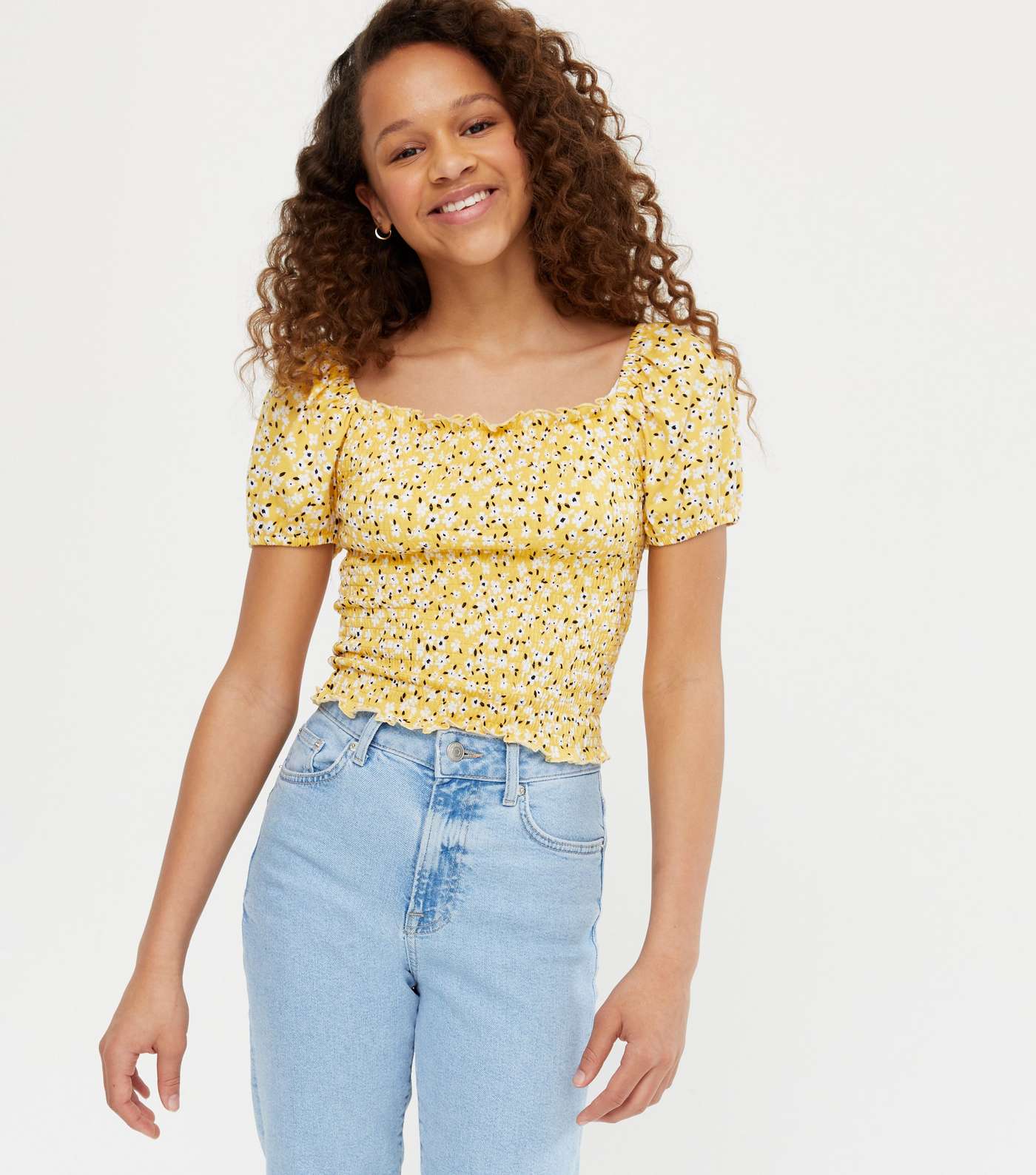 Girls Yellow Floral Square Neck Top Image 4
