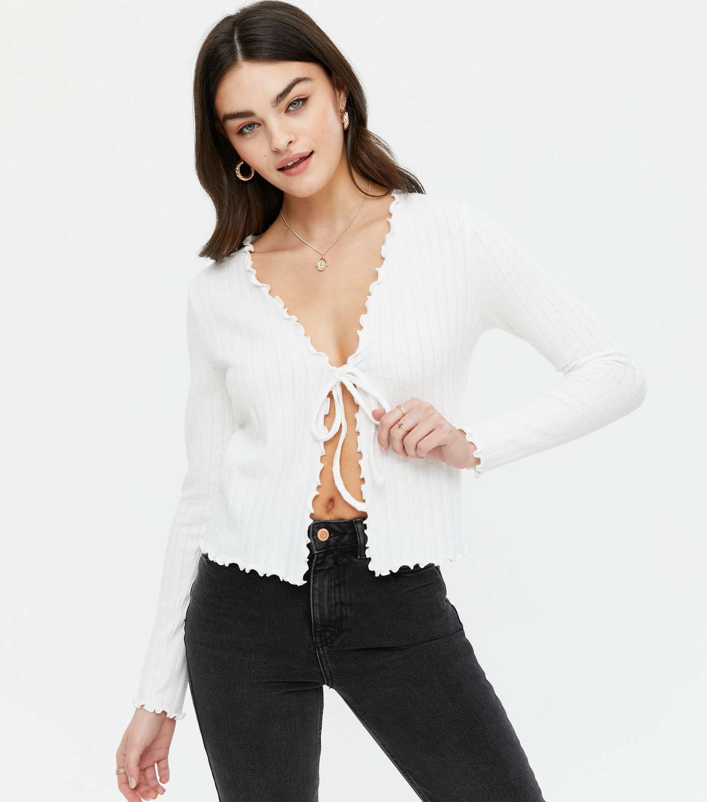 White Ribbed Fine Knit Tie Front Cardigan