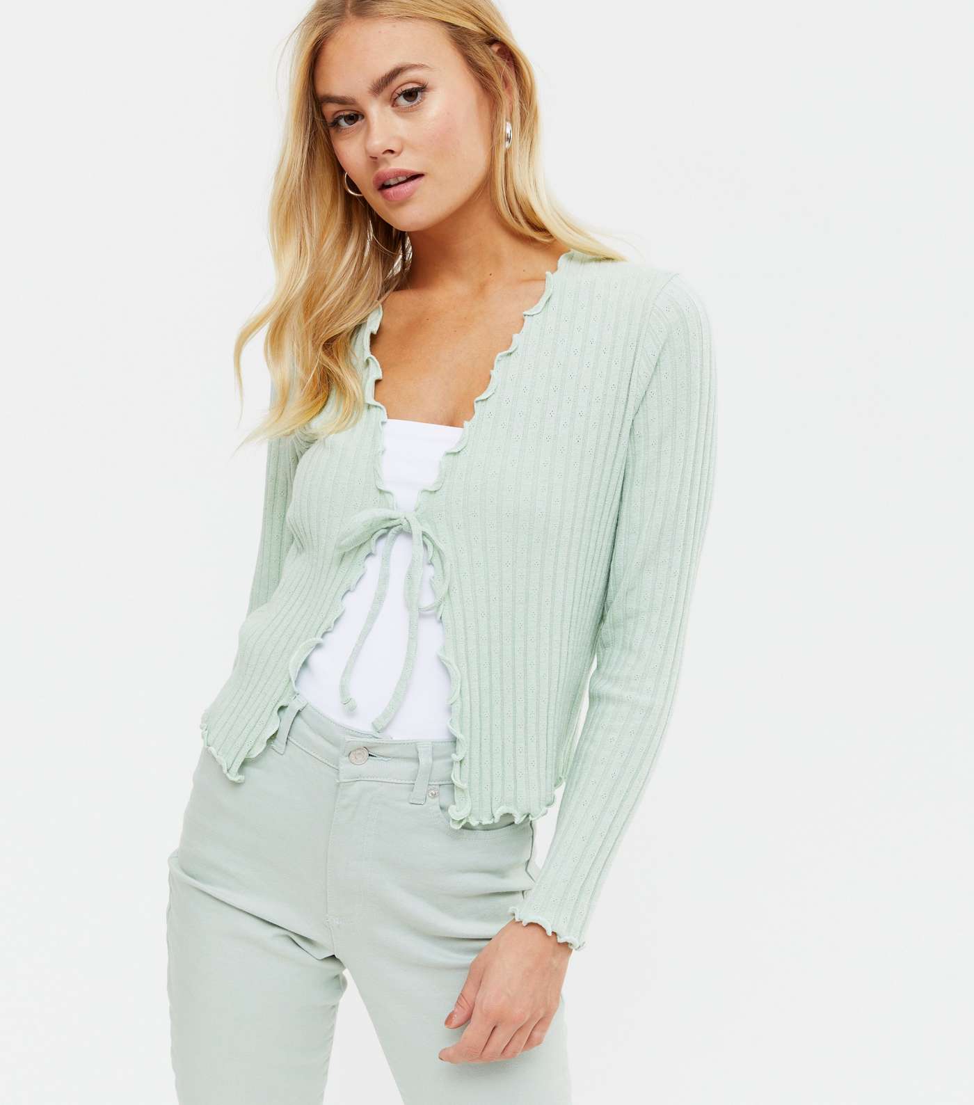 Light Green Ribbed Fine Knit Tie Front Cardigan