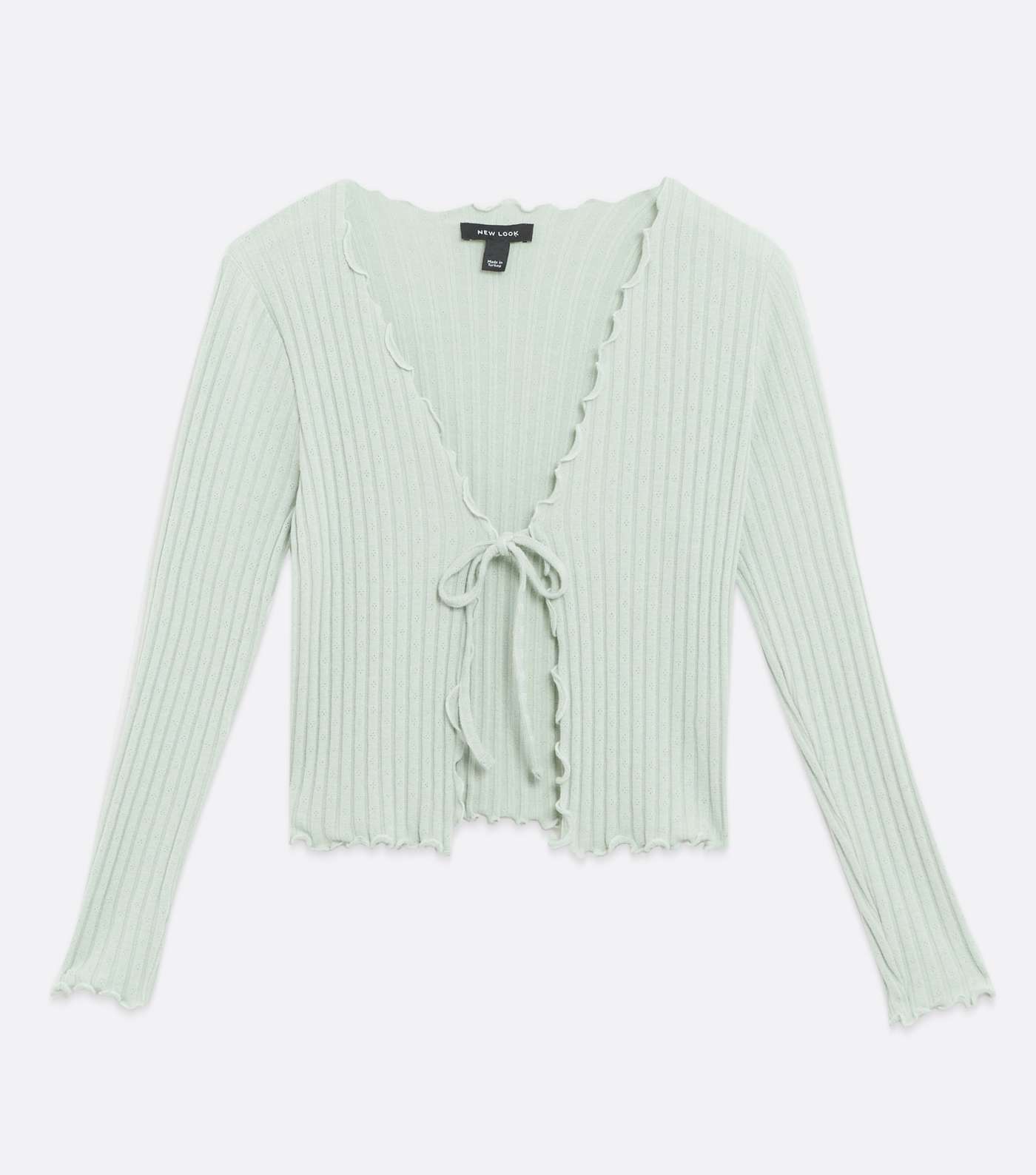 Light Green Ribbed Fine Knit Tie Front Cardigan Image 5