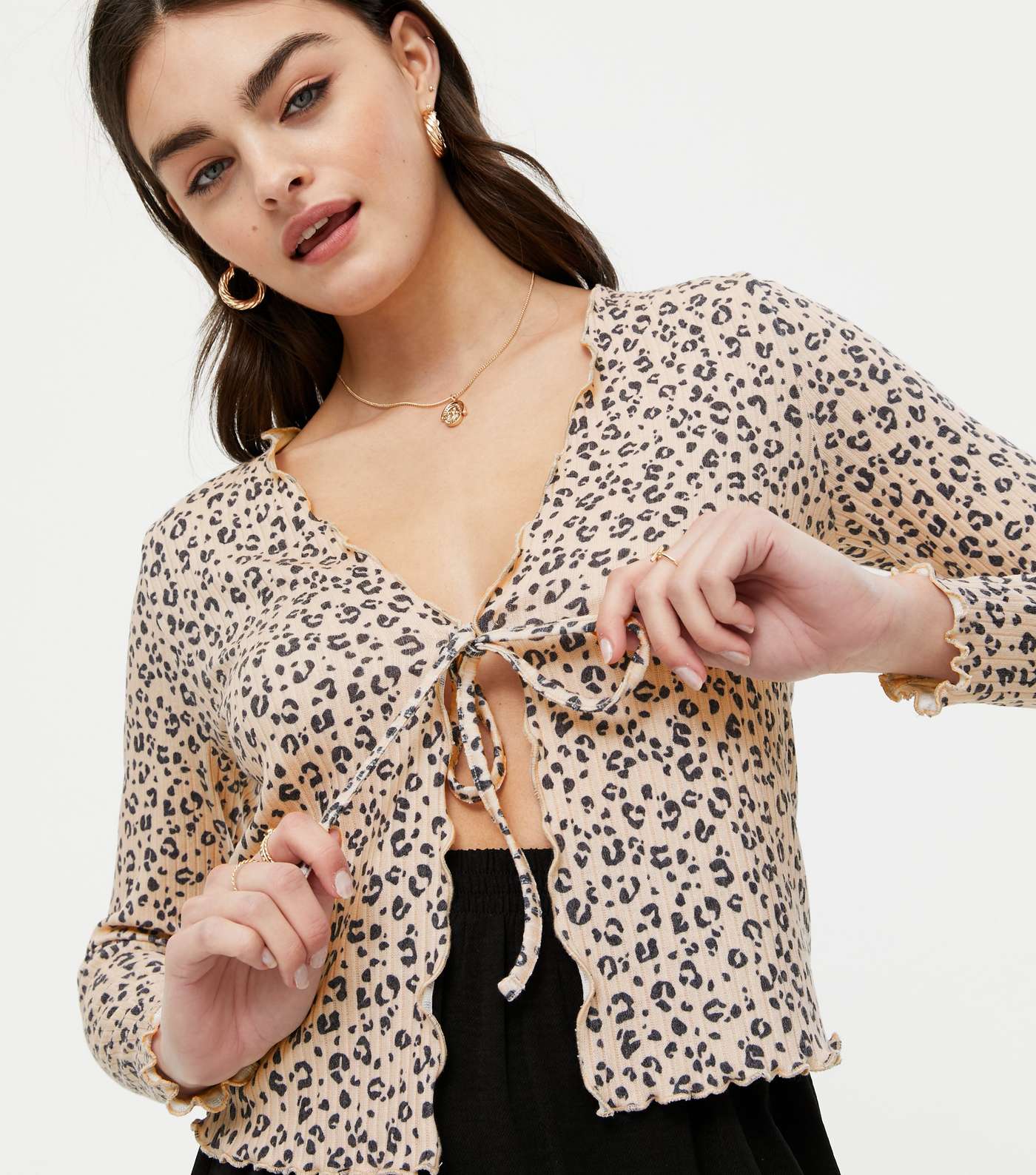 Pink Leopard Print Ribbed Knit Tie Front Cardigan Image 3