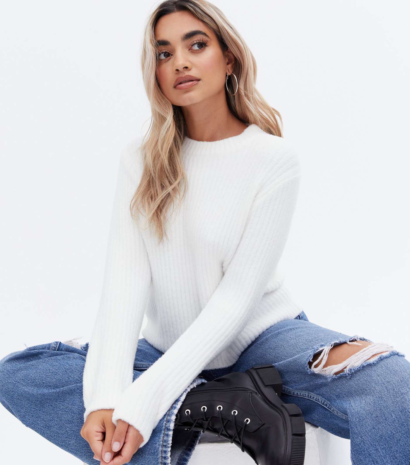 Petite Off White Fluffy Ribbed Jumper Image 3