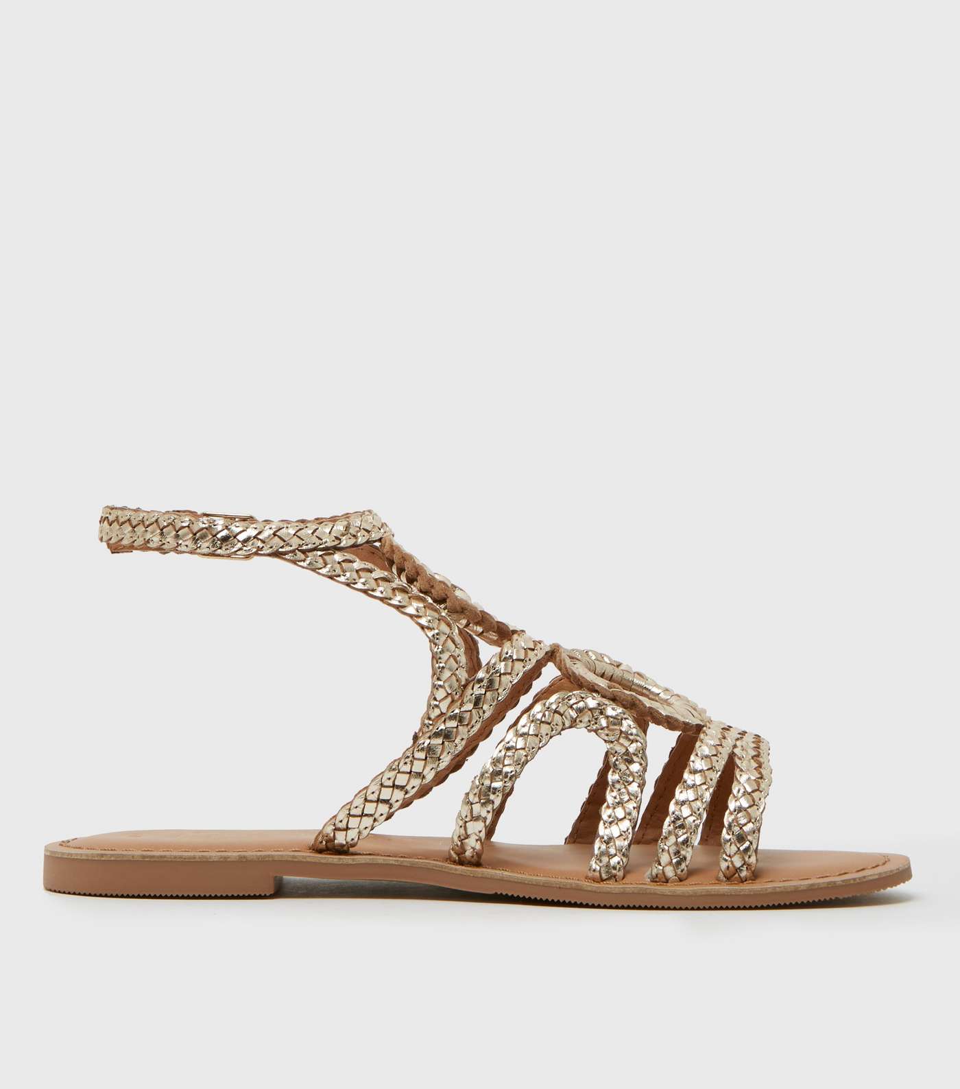 Gold Leather Plaited Strappy Flat Sandals