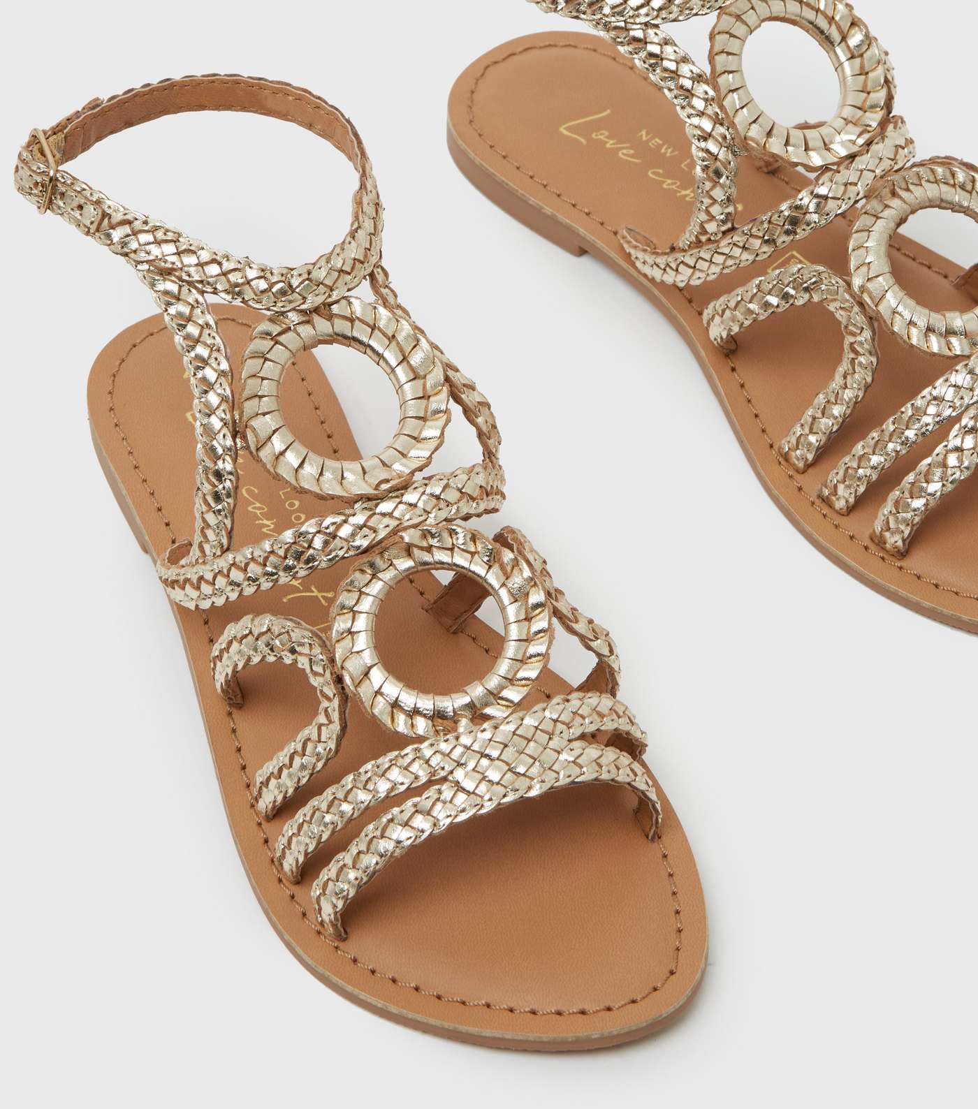 Gold Leather Plaited Strappy Flat Sandals Image 3