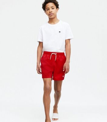 Boys Red Embroidered Swim Shorts